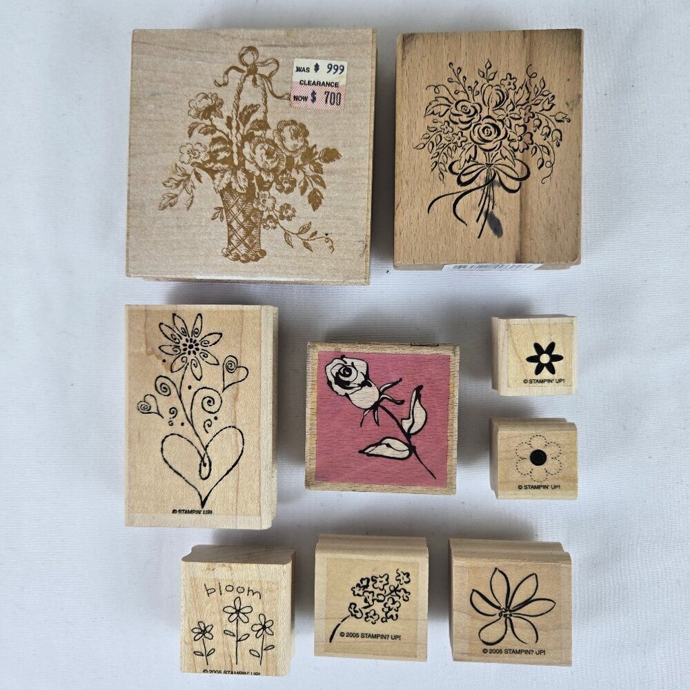 Mixed Brands Bundle of 9 Floral Themed Rubber Stamps Crafts